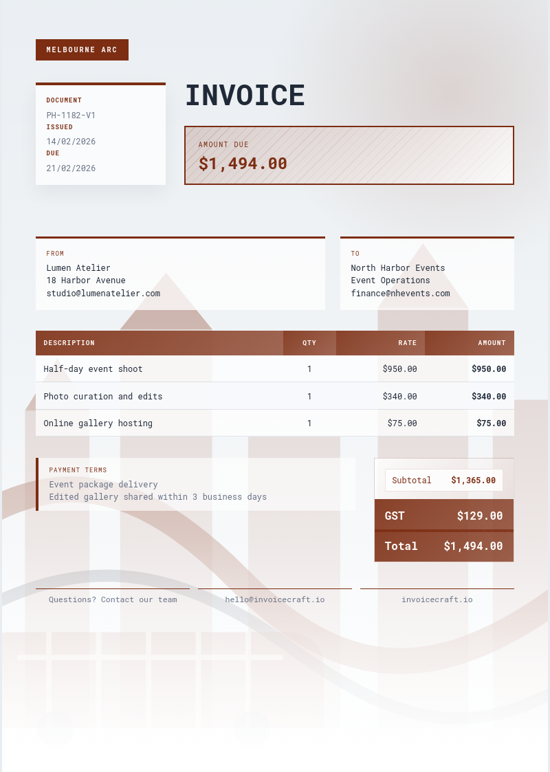 Melbourne Arc invoice preview v1