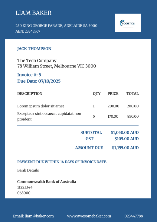 Teal Business Invoice Template with logo