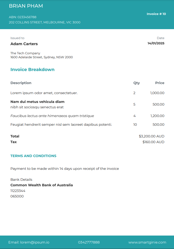 Teal Business Invoice Template